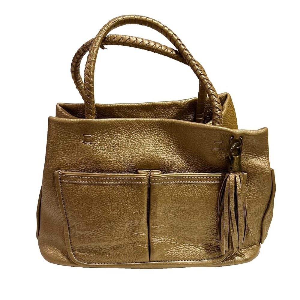 Mara Mac Brazil Y2K Gold Pebbled Leather Satchel Tote Bag Pockets Tassel Luxury